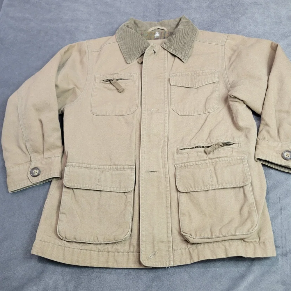 OshKosh Bgosh Kids Tan Canvas Field Jacket Plaid Flannel Lined Barn Coat Size 7‎